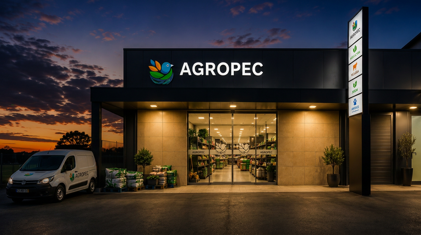 Fachada da loja Agropec em Ponte de Lima ao anoitecer, com o letreiro iluminado e a carrinha de entregas