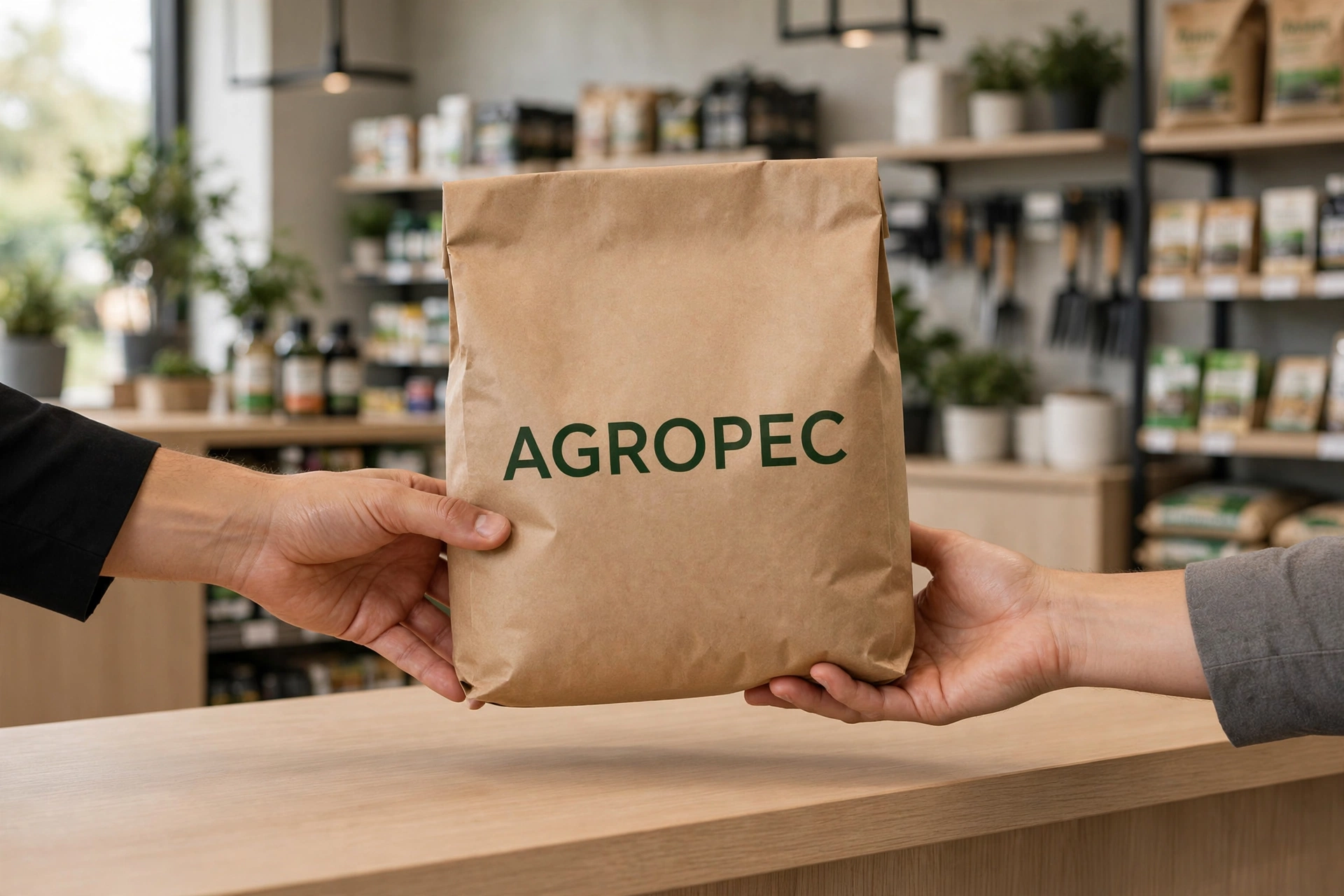 Colaborador da Agropec a entregar um saco de papel kraft com a marca Agropec a um cliente ao balcão da loja